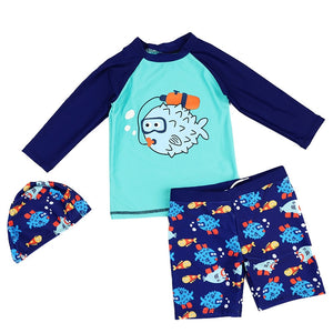 Kids Boy Two Pieces Swim Suit Cartoon Fish Sunblock Beach Bodysuit With Cap Boys Swimwear 2-13Y Children Swimsuit surfing Wear