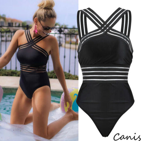 2019 Sexy One Piece Swimsuit Women High Neck Bandage Cross Back Neck Monokini Black Swimwear Women Bathing Suits Swimming Suit