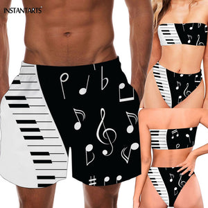 INSTANTARTS 3D Music Note Piano Keyboard Print Couple Swimming Suits Woman Sexy Bandeau Bikini Set Beach Shorts Man Bathing Wear