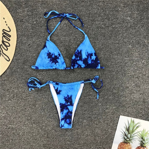 Tie Dye Bikini 2019 Blue Sexy G String Swimsuit Thong Women Push Up African Swimwear Micro Floral Print Strappy Bathing Suits