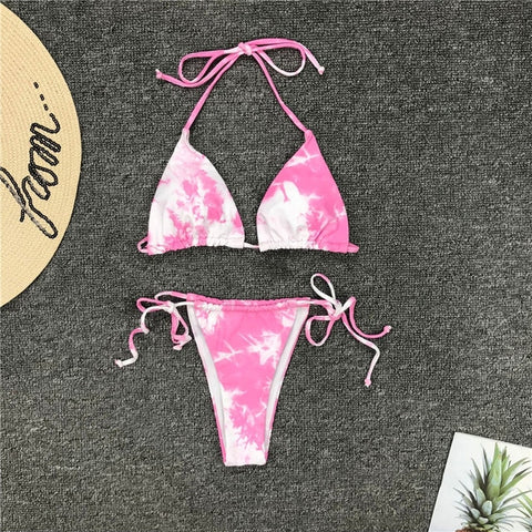 Tie Dye Bikini 2019 Blue Sexy G String Swimsuit Thong Women Push Up African Swimwear Micro Floral Print Strappy Bathing Suits