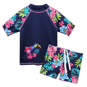 BAOHULU Navy Flower Girls Swimwear Two Pieces Short Sleeve Kids Swimsuit set for 3-10 Years Children Swimwear Beach Bathing Suit