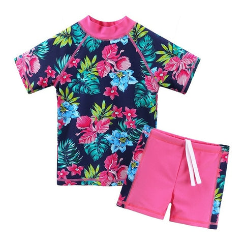 BAOHULU Navy Flower Girls Swimwear Two Pieces Short Sleeve Kids Swimsuit set for 3-10 Years Children Swimwear Beach Bathing Suit