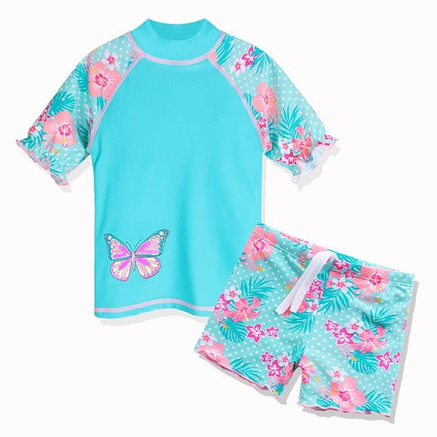 BAOHULU Navy Flower Girls Swimwear Two Pieces Short Sleeve Kids Swimsuit set for 3-10 Years Children Swimwear Beach Bathing Suit