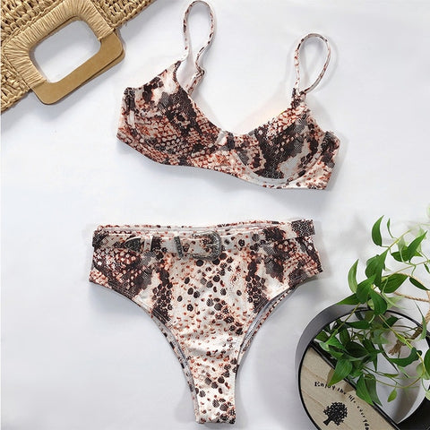 Peachtan Sexy snake print bikini set High waist swimwear women Hollow out swimsuit female Brazilian bikini Bathers bathing suit