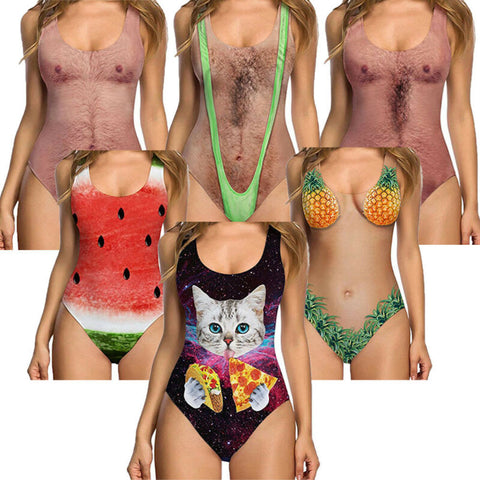 New Sexy Funny Joke Chest Printed Women Swimsuit Bathingsuit Swimwear Beachwear