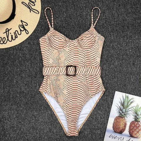 Push up snake print woman swimsuit one piece monokini Buckle sexy swimwear women 2020 High cut bodysuits Bathers bathing suit