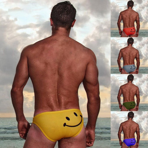 Men Swim Briefs Cartoon Smiling Face Printed Low Waist Elastic Cotton Beach Trunks Swimwear Swimsuit