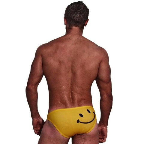 Men Swim Briefs Cartoon Smiling Face Printed Low Waist Elastic Cotton Beach Trunks Swimwear Swimsuit