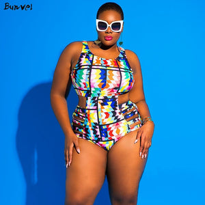 bunvel Plus Size Swimwear Women One Piece Swimsuit Vintage 2020 Africa Geometric Print Summer Beach Wear Swimming Suit XL-4XL