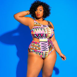 bunvel Plus Size Swimwear Women One Piece Swimsuit Vintage 2020 Africa Geometric Print Summer Beach Wear Swimming Suit XL-4XL