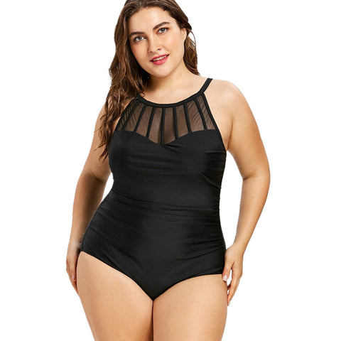 Black Large Size Swimsuit Women one piece Plus Size Swimwear Net High Neck Fishing net mononiki Bathing suit