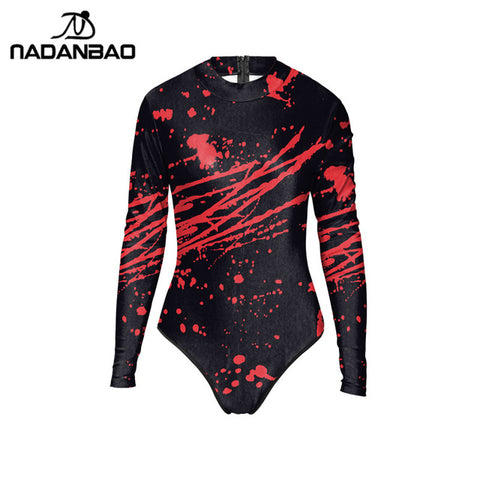 Loog Sleeve Zippered Surfing Bathing Suit Blood Splatter Printed Women Swimwear Bodysuit One Piece Swimsuit Y02032