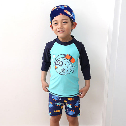 Kids Boy Two Pieces Swim Suit Cartoon Fish Sunblock Beach Bodysuit With Cap Boys Swimwear 2-13Y Children Swimsuit surfing Wear