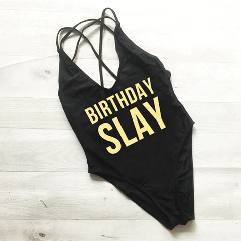 BIRTHDAY SLAY One Piece Swimsuit Sexy Thong Swimwear Women High Waist Bathing Suit Girls Backless Monokini Bodysuit Pink Yellow