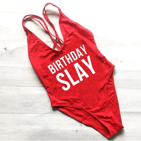 BIRTHDAY SLAY One Piece Swimsuit Sexy Thong Swimwear Women High Waist Bathing Suit Girls Backless Monokini Bodysuit Pink Yellow