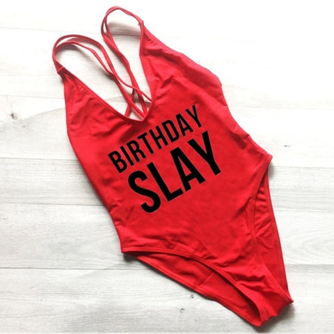 BIRTHDAY SLAY One Piece Swimsuit Sexy Thong Swimwear Women High Waist Bathing Suit Girls Backless Monokini Bodysuit Pink Yellow