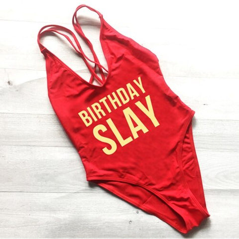 BIRTHDAY SLAY One Piece Swimsuit Sexy Thong Swimwear Women High Waist Bathing Suit Girls Backless Monokini Bodysuit Pink Yellow