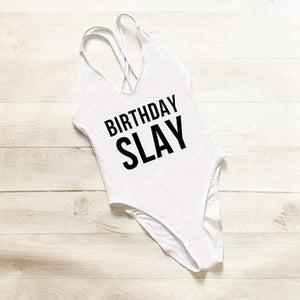 BIRTHDAY SLAY One Piece Swimsuit Sexy Thong Swimwear Women High Waist Bathing Suit Girls Backless Monokini Bodysuit Pink Yellow