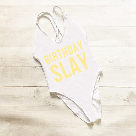 BIRTHDAY SLAY One Piece Swimsuit Sexy Thong Swimwear Women High Waist Bathing Suit Girls Backless Monokini Bodysuit Pink Yellow