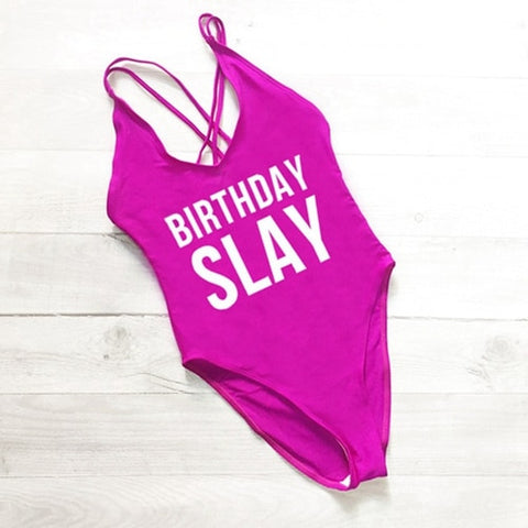 BIRTHDAY SLAY One Piece Swimsuit Sexy Thong Swimwear Women High Waist Bathing Suit Girls Backless Monokini Bodysuit Pink Yellow