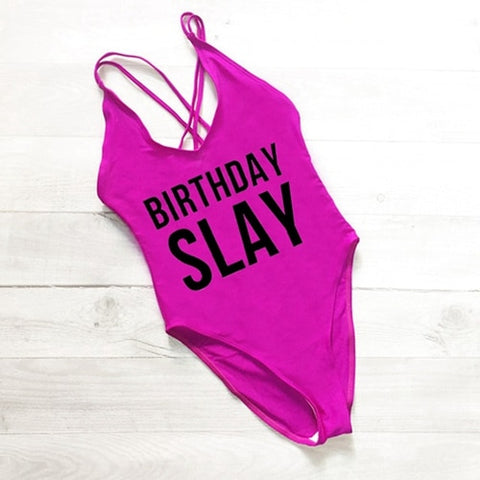 BIRTHDAY SLAY One Piece Swimsuit Sexy Thong Swimwear Women High Waist Bathing Suit Girls Backless Monokini Bodysuit Pink Yellow