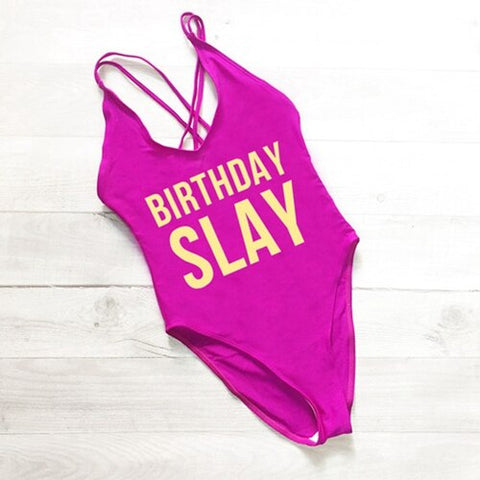 BIRTHDAY SLAY One Piece Swimsuit Sexy Thong Swimwear Women High Waist Bathing Suit Girls Backless Monokini Bodysuit Pink Yellow