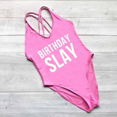 BIRTHDAY SLAY One Piece Swimsuit Sexy Thong Swimwear Women High Waist Bathing Suit Girls Backless Monokini Bodysuit Pink Yellow