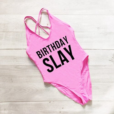 BIRTHDAY SLAY One Piece Swimsuit Sexy Thong Swimwear Women High Waist Bathing Suit Girls Backless Monokini Bodysuit Pink Yellow