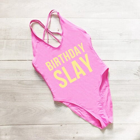 BIRTHDAY SLAY One Piece Swimsuit Sexy Thong Swimwear Women High Waist Bathing Suit Girls Backless Monokini Bodysuit Pink Yellow