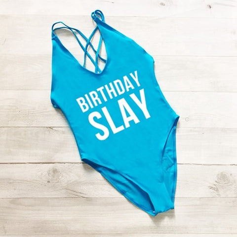 BIRTHDAY SLAY One Piece Swimsuit Sexy Thong Swimwear Women High Waist Bathing Suit Girls Backless Monokini Bodysuit Pink Yellow