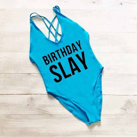 BIRTHDAY SLAY One Piece Swimsuit Sexy Thong Swimwear Women High Waist Bathing Suit Girls Backless Monokini Bodysuit Pink Yellow