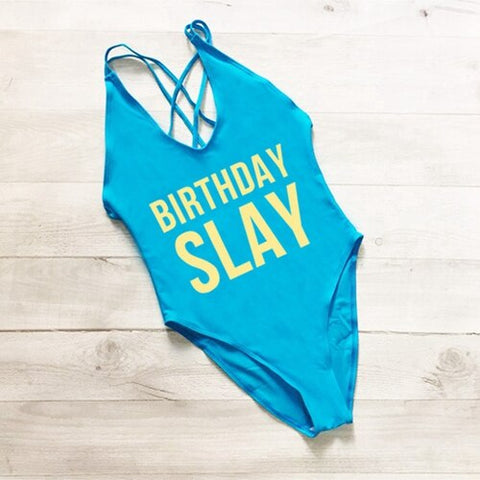 BIRTHDAY SLAY One Piece Swimsuit Sexy Thong Swimwear Women High Waist Bathing Suit Girls Backless Monokini Bodysuit Pink Yellow