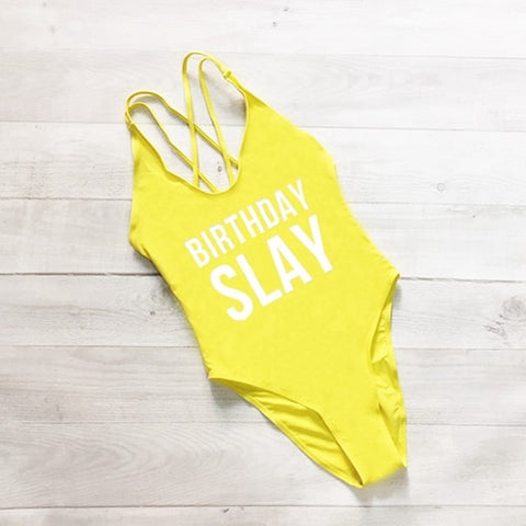 BIRTHDAY SLAY One Piece Swimsuit Sexy Thong Swimwear Women High Waist Bathing Suit Girls Backless Monokini Bodysuit Pink Yellow