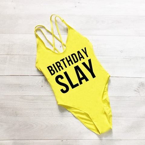 BIRTHDAY SLAY One Piece Swimsuit Sexy Thong Swimwear Women High Waist Bathing Suit Girls Backless Monokini Bodysuit Pink Yellow