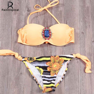 Raintropic 2019 New Swimwear Bikinis Sexy Women Swimsuit Summer Bandeau Bikini Printed Bikini Set Solid Beach Bathing Suits