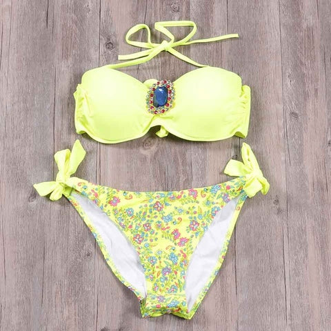 Raintropic 2019 New Swimwear Bikinis Sexy Women Swimsuit Summer Bandeau Bikini Printed Bikini Set Solid Beach Bathing Suits