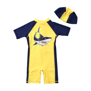 Kids Cool Cartoon Shark Swimsuit  Hat Costume Boys Soft Surfing Suits Swimwear Bathing Suit Costumes Clothes